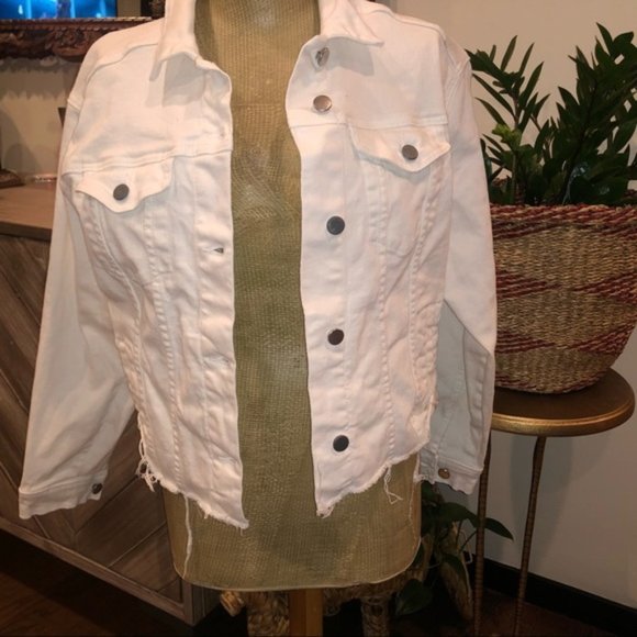 White Cropped Destructed Stretch Denim Jean Jacket - Picture 3 of 3